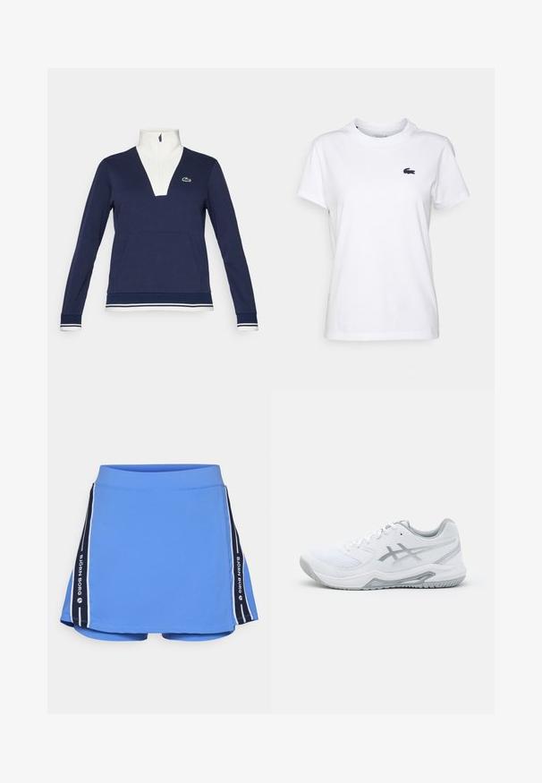 Námořnický pulovr na půl zip z texturované látky, s bílým límcem a manžetami, klokankou a zeleným logem Lacoste.; Bílý bavlněný tričko s kulatým výstřihem, krátkými rukávy a malým tmavě modrým logem na levé hrudi. Hladká textura, ležérní design.; Modrá atletická sukně s hladkou texturou, vyznačující se širokým pasem a námořnickými bočními panely s bílými pruhy. Obsahuje logo značky.; Bílé sportovní tenisky s prodyšným a syntetickým materiálem, mají šedé akcenty a tkaničky, texturovanou podrážku, zakřivený design a detaily loga.