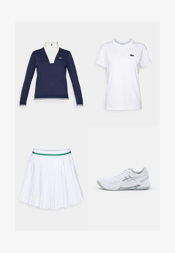 Námořnický pulovr na půl zip z texturované látky, s bílým límcem a manžetami, klokankou a zeleným logem Lacoste.; Bílý bavlněný tričko s kulatým výstřihem, krátkými rukávy a malým tmavě modrým logem na levé hrudi. Hladká textura, ležérní design.; Bílá skládací sukně s pevným zeleným elastickým pasem. Obsahuje ostré, rovnoměrně rozložené záhyby, které vytvářejí lehkou, vzdušnou texturu.; Bílé sportovní tenisky s prodyšným a syntetickým materiálem, mají šedé akcenty a tkaničky, texturovanou podrážku, zakřivený design a detaily loga.