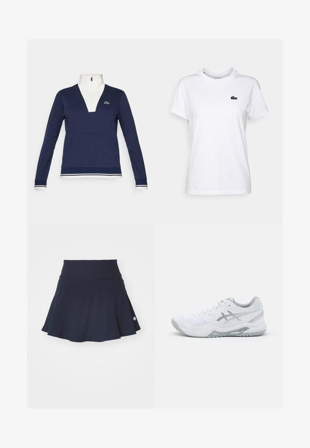 Pullover azul marinho com meia zip, feito de tecido texturizado, apresentando um colarinho e punhos brancos, bolso canguru e um logotipo verde da Lacoste.; T-shirt de algodão branca com decote redondo, mangas curtas e um pequeno logótipo azul-marinho no lado esquerdo do peito. Textura suave, design casual.; Saia evasê azul marinho com uma cintura ajustada, feita de material suave, apresentando um pequeno logótipo no canto inferior direito, textura lisa.; Shoe desportivo branco com materiais de malha e sintéticos, apresenta detalhes e atacadores cinzas, sola texturizada, design curvado e detalhe do logotipo.