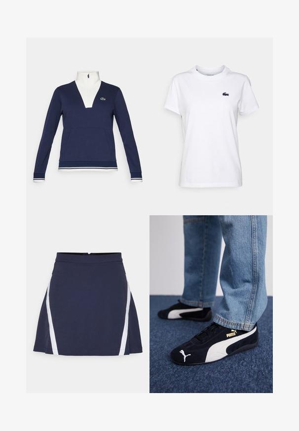 Námořnický pulovr na půl zip z texturované látky, s bílým límcem a manžetami, klokankou a zeleným logem Lacoste.; Bílý bavlněný tričko s kulatým výstřihem, krátkými rukávy a malým tmavě modrým logem na levé hrudi. Hladká textura, ležérní design.; Tmavě modrá sukně s přiléhavým pasem a rozšířenou siluetou. Má bílé boční pruhy a skrytý zip na zadní straně. Hladká textura.; Černé semišové tenisky s bílými akcenty a zlatým logem. Nosené s světle modrými jeany a položené na strukturovaném modrém povrchu.