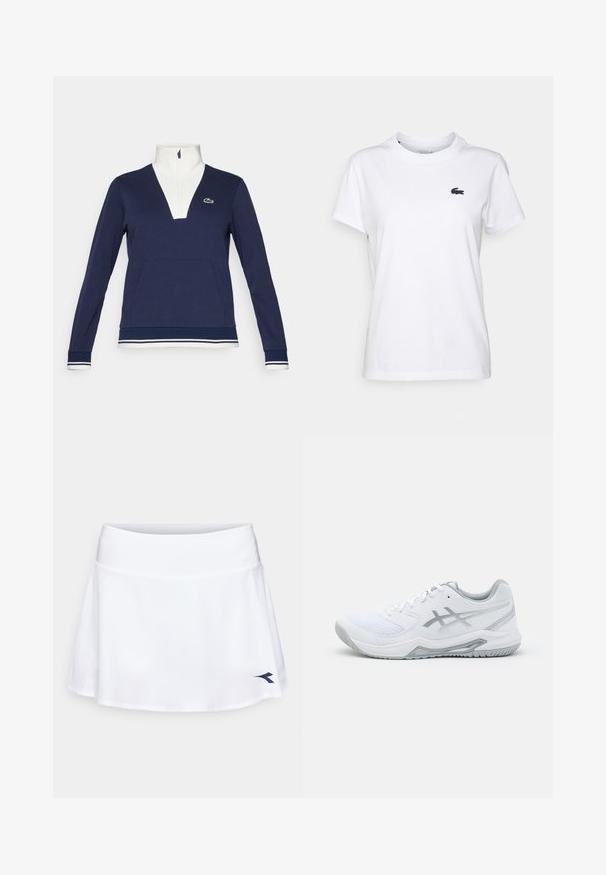 Meripool hihaton puuvillapusero, jossa on tekstitettu kangas, valkoinen kaulus ja hihansuut, kenguru-tasku ja vihreä Lacoste-logo.; Valkoinen puuvillatee-paita, jossa on pyöreä pääntie, lyhyet hihat ja pieni laivastonsininen logo vasemmassa rinnassa. Tasainen rakenne, rento muotoilu.; Valkoinen urheiluhame, jossa on liehun muotoilu ja joustava vyötärö. Alhaalla oikealla on pieni laivaston sininen logo. Tasainen rakenne, kevyt kangas.; Valkoinen urheilukenkä, jossa on verkkokangasta ja synteettisiä materiaaleja, harmaat yksityiskohdat ja nauhat, teksturoitu pohja, kaareva muotoilu ja logoyksityiskohta.