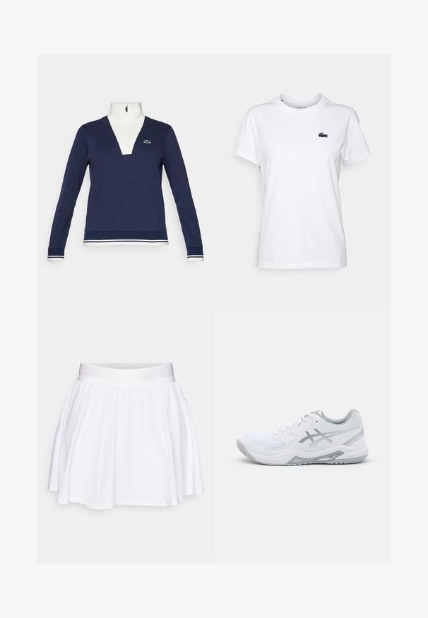 Sudadera de medio cierre en color navy hecha de una tela texturizada, con un cuello y puños blancos, bolsillo tipo canguro y un logotipo de Lacoste en verde.; Camiseta de algodón blanca con cuello redondo, mangas cortas y un pequeño logotipo azul marino en el lado izquierdo del pecho. Textura suave, diseño casual.; Falda de patinadora blanca con cintura elástica, hecha de una tela suave y ligera. Cuenta con un diseño acampanado con una textura fruncida.; Zapatilla deportiva blanca con materiales de malla y sintéticos, presenta acentos y cordones grises, suela texturizada, diseño curvado y detalle del logo.