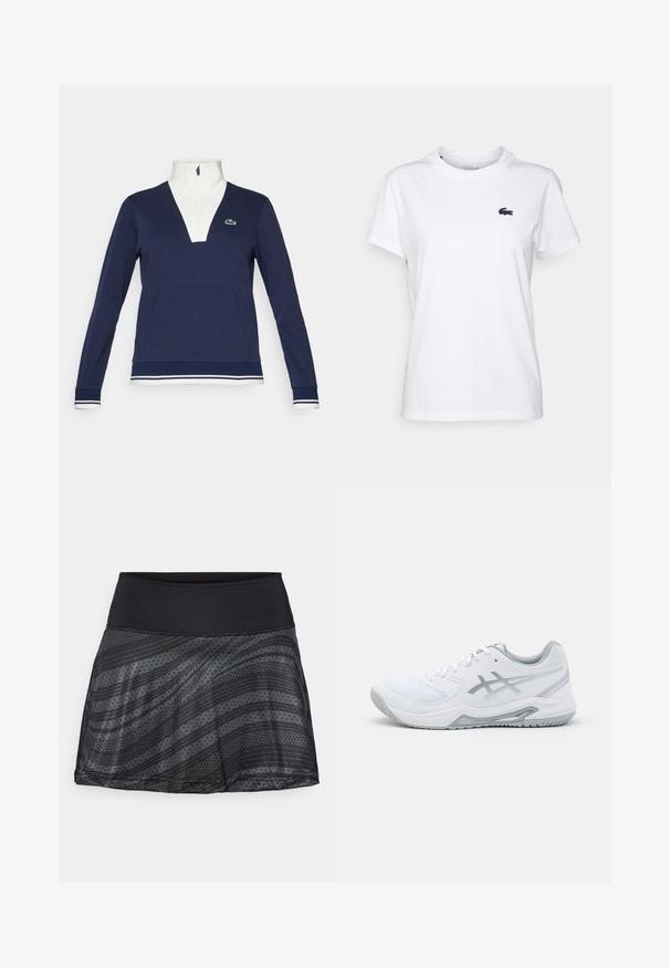 Sudadera de medio cierre en color navy hecha de una tela texturizada, con un cuello y puños blancos, bolsillo tipo canguro y un logotipo de Lacoste en verde.; Camiseta de algodón blanca con cuello redondo, mangas cortas y un pequeño logotipo azul marino en el lado izquierdo del pecho. Textura suave, diseño casual.; Falda atlética negra con una cinturilla ancha, que presenta un patrón texturizado de rayas y puntos en toda la tela, hecha de material transpirable.; Zapatilla deportiva blanca con materiales de malla y sintéticos, presenta acentos y cordones grises, suela texturizada, diseño curvado y detalle del logo.
