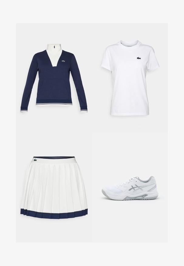 Marineblå half-zip pullover laget av teksturert stoff, med hvit krage og mansjetter, kengurulomme og grønt Lacoste-logo.; Hvit bomulls T-skjorte med rund hals, korte ermer og en liten marineblå logo på venstre bryst. Glatt tekstur, uformell design.; Hvit table裙 med en marineblå midjebånd ogkant. Har mykt stoff med horisontale striper på midjebåndet, designet for komfort.; Hvit treningsko i nett- og syntetiske materialer, med grå detaljer og snøring, teksturert såle, buet design og logo-detalle.