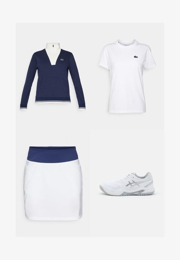 Tumesinine poolkrae pullover tekstureeritud kangast, valge krae ja mansetidega, tasku ees ning rohelise Lacoste logoga.; Valge puuvillane T-särk ümmarguse kaelusega, lühikeste varrukatega ja väike tumesinine logo vasakul rinnal. Sile tekstuur, lõbus disain.; Valge seelik tumesinise elastse vöökohtaga, millel on sile tekstuur ja minimalistlik disain. Küljetaskud on seal.; Valge spordijalats, mis on valmistatud võrkpinna ja sünteetiliste materjalide kombinatsioonist, hallide aktsentide ja paeltega, tekstureeritud tallaga, kaarjate joontega ning logode detailiga.
