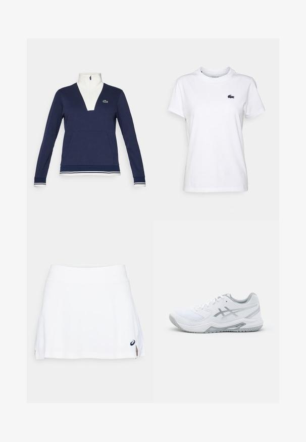 Marineblå half-zip pullover laget av teksturert stoff, med hvit krage og mansjetter, kengurulomme og grønt Lacoste-logo.; Hvit bomulls T-skjorte med rund hals, korte ermer og en liten marineblå logo på venstre bryst. Glatt tekstur, uformell design.; Hvit idretts skjørt med en jevn tekstur, A-linje design og en fleksibel linning. Har sidespalter og en liten logo aksent.; Hvit treningsko i nett- og syntetiske materialer, med grå detaljer og snøring, teksturert såle, buet design og logo-detalle.