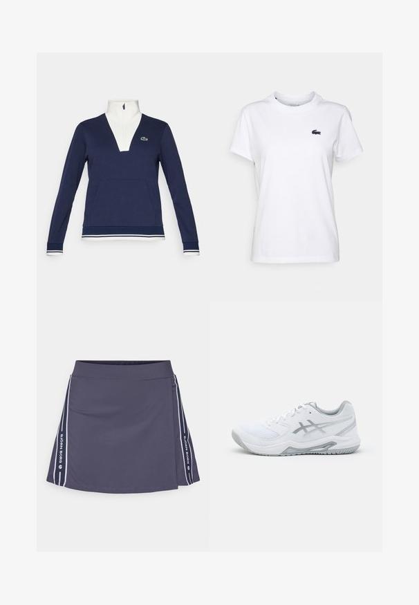 Jūrų jėgos pusiau užtrauktukas, pagamintas iš tekstūruoto audinio, su baltu apykakle ir rankogaliais, kengūros tipo kišene ir žaliu Lacoste logotipu.; Balta medvilnės marškinėliai su apvaliu kaklu, trumpomis rankovėmis ir mažuoju tamsiai mėlynu logotipu kairėje krūtinės pusėje. Lygi tekstūra, laisvalaikio dizainas.; Jūrinis sportinis sijonas su plačiu juosmeniu, šoninėmis baltomis juostelėmis ir logotipu, rodomu vertikaliai kairėje pusėje. Lygus, tamprus audinys.; Baltasis sportinis batelis su tinklo ir sintetinėmis medžiagomis, turi pilkas akcentus ir raištelius, tekstūruotą padas, išlenktą dizainą ir logotipo detalę.