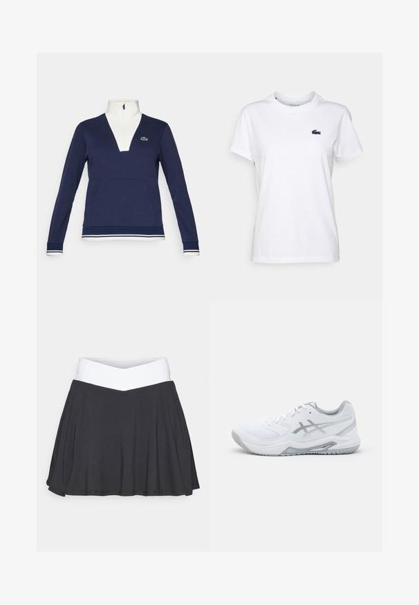 Sudadera de medio cierre en color navy hecha de una tela texturizada, con un cuello y puños blancos, bolsillo tipo canguro y un logotipo de Lacoste en verde.; Camiseta de algodón blanca con cuello redondo, mangas cortas y un pequeño logotipo azul marino en el lado izquierdo del pecho. Textura suave, diseño casual.; Pick negro con una cinturilla cruzada blanca. Fabricado con una tela suave y elástica, presenta un diseño acampanado con una textura suave.; Zapatilla deportiva blanca con materiales de malla y sintéticos, presenta acentos y cordones grises, suela texturizada, diseño curvado y detalle del logo.