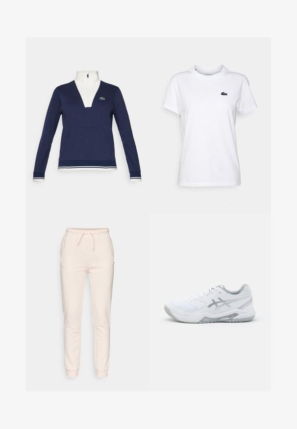 Jūras zila puszipa jaka, izgatavota no struktūras auduma, ar baltu apkakli un manšetēm, kanguru kabatu un zaļo Lacoste logo.; Balts kokvilnas T-krekls ar apaļu kakla izgriezumu, īsām piedurknēm un mazu tumši zilu logotipu kreisajā krūtī. Gluda tekstūra, ikdienišķs dizains.; Gaiša rozā sporta bikses, kas izgatavotas no mīksta auduma, ar elastīgu jostu ar auklu, sānu kabatām un sašaurinātiem piedurkņu galiem.; Baltas sporta apavs ar acu izvirduma un sintētiskajiem materiāliem, ar pelēkām akcentēm un auklām, teksturētu zoli, izliekta dizaina un logotipa detaļām.