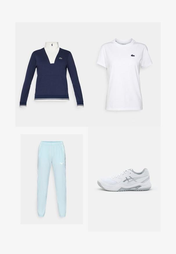 Sötétkék, félcipzáros pulóver texturált anyagból, fehér gallérral és mandzsettákkal, kenguruzsebbel és zöld Lacoste logóval.; Fehér pamut póló kerek nyakkal, rövid ujjakkal és egy kicsi sötétkék logóval a bal mellen. Sima textúra, laza dizájn.; Világoskék sportnadrág sima anyagból, rugalmas derékrésszel, keskeny lábakkal és fehér logóval a bal combon.; Fehér sportcipő hálós és szintetikus anyagból, szürke kiemelésekkel és fűzőkkel, texturált talppal, ívelt dizájnnal és logó részlettel.