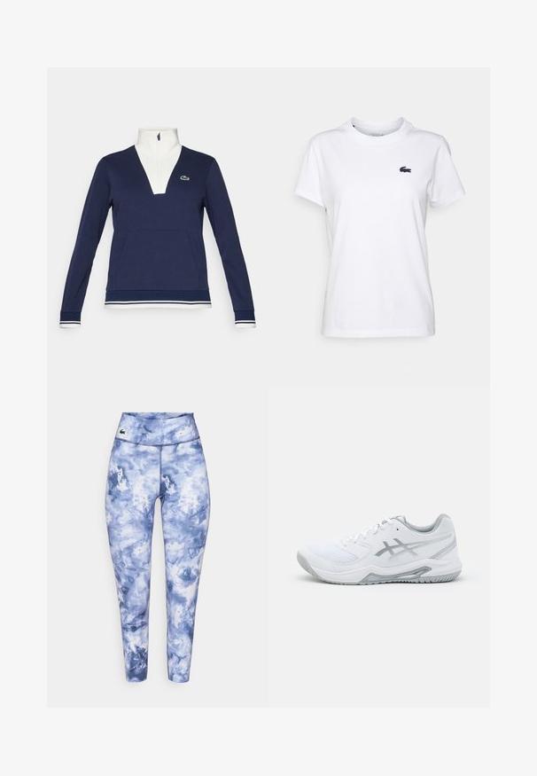 Pullover blu navy a mezza zip realizzato in tessuto testurizzato, con collo e polsini bianchi, tasca a marsupio e logo Lacoste verde.; T-shirt bianco in cotone con collo rotondo, maniche corte e un piccolo logo navy sul lato sinistro del petto. Texture liscia, design casual.; Leggings aderenti in un motivo tie-dye blu, realizzati in tessuto elasticizzato. Presentano una vita alta e un piccolo logo del marchio sulla parte anteriore.; Scarpa sportiva bianca in materiali mesh e sintetici, presenta accenti e lacci grigi, suola testurizzata, design curvo e dettagli del logo.