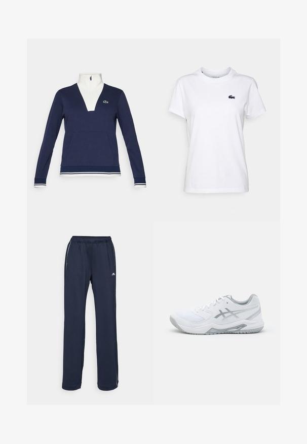 Marineblå half-zip pullover laget av teksturert stoff, med hvit krage og mansjetter, kengurulomme og grønt Lacoste-logo.; Hvit bomulls T-skjorte med rund hals, korte ermer og en liten marineblå logo på venstre bryst. Glatt tekstur, uformell design.; Marineblå treningsbukser med elastisk midjebånd, to sidelommer og diskrete hvite logo-detaljer. Laget av et glatt, elastisk stoff.; Hvit treningsko i nett- og syntetiske materialer, med grå detaljer og snøring, teksturert såle, buet design og logo-detalle.
