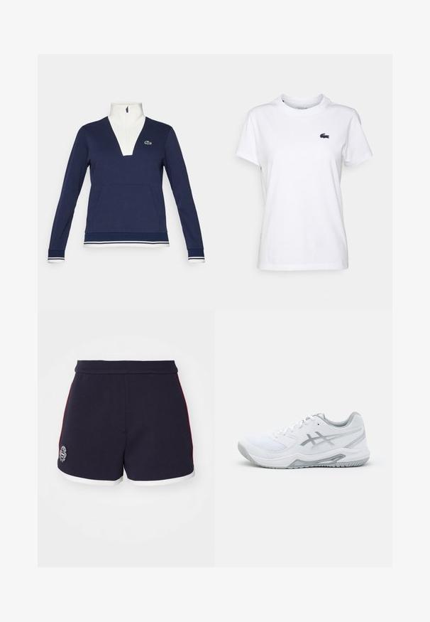 Marineblå half-zip pullover laget av teksturert stoff, med hvit krage og mansjetter, kengurulomme og grønt Lacoste-logo.; Hvit bomulls T-skjorte med rund hals, korte ermer og en liten marineblå logo på venstre bryst. Glatt tekstur, uformell design.; Mørkeblå treningsshorts med en hvit og rød sidestripe, hvit kant og et rundt logo på venstre ben. Glatt stofftekstur.; Hvit treningsko i nett- og syntetiske materialer, med grå detaljer og snøring, teksturert såle, buet design og logo-detalle.