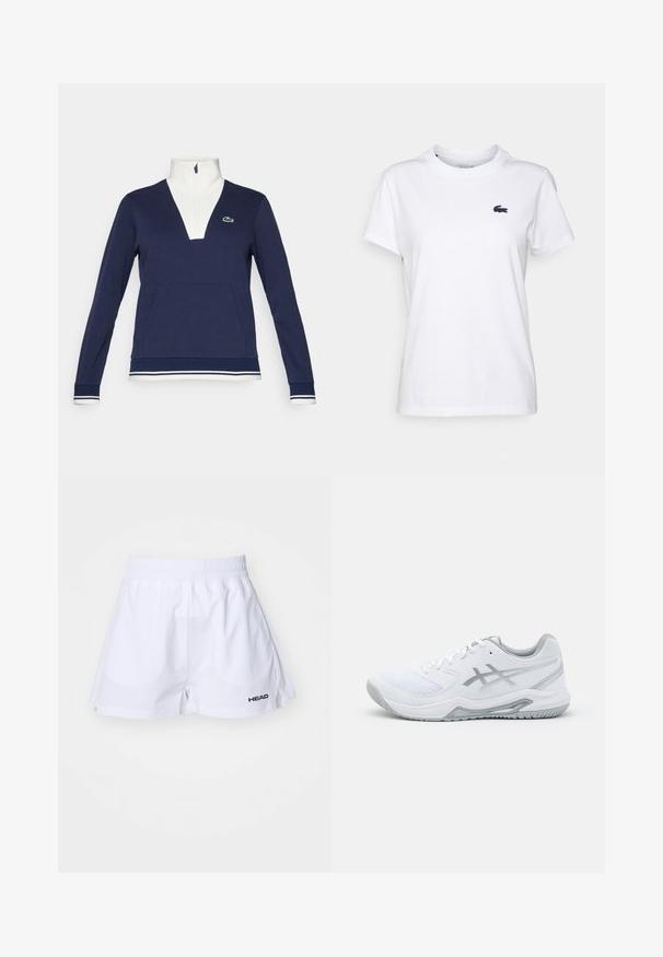 Tumesinine poolkrae pullover tekstureeritud kangast, valge krae ja mansetidega, tasku ees ning rohelise Lacoste logoga.; Valge puuvillane T-särk ümmarguse kaelusega, lühikeste varrukatega ja väike tumesinine logo vasakul rinnal. Sile tekstuur, lõbus disain.; Valged spordilühikesed, millel on elastne vöökoht ja külgslitsid, vasakul jalal must "HEAD" logo. Sile puuvillane materjal.; Valge spordijalats, mis on valmistatud võrkpinna ja sünteetiliste materjalide kombinatsioonist, hallide aktsentide ja paeltega, tekstureeritud tallaga, kaarjate joontega ning logode detailiga.