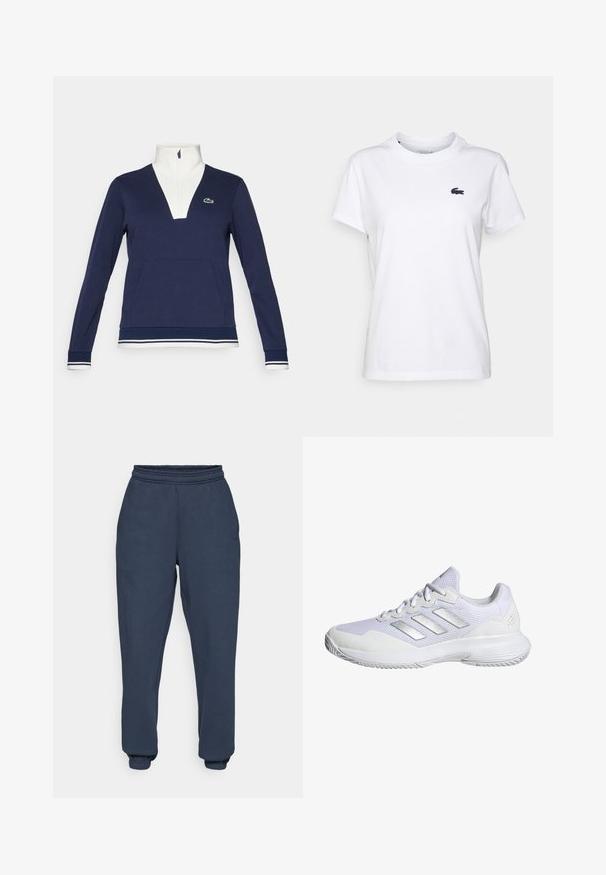 Navy half-zip pullover made of textured fabric, featuring a white collar and cuffs, kangaroo pocket, and a green Lacoste logo.; White cotton T-shirt with a round neck, short sleeves, and a small navy logo on the left chest. Smooth texture, casual design.; Navy blue sweatpants made of soft, textured fabric, featuring an elastic waistband, tapered cuffs, and a subtle logo on the left thigh.; White athletic shoe with mesh upper, textured panels, and silver accents. Features a cushioned sole and round toe design.
