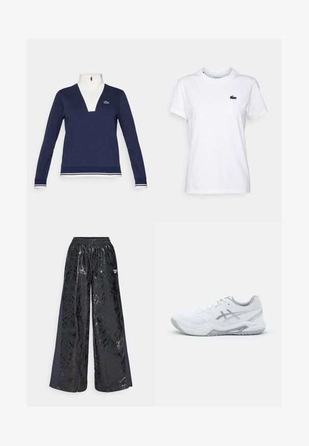 Pullover azul marinho com meia zip, feito de tecido texturizado, apresentando um colarinho e punhos brancos, bolso canguru e um logotipo verde da Lacoste.; T-shirt de algodão branca com decote redondo, mangas curtas e um pequeno logótipo azul-marinho no lado esquerdo do peito. Textura suave, design casual.; Calças largas pretas com um padrão de pele de cobra brilhante e acabamento texturizado. Cintura elástica, painéis laterais em tecido escuro sólido.; Shoe desportivo branco com materiais de malha e sintéticos, apresenta detalhes e atacadores cinzas, sola texturizada, design curvado e detalhe do logotipo.