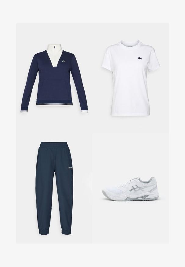 Marineblå half-zip pullover laget av teksturert stoff, med hvit krage og mansjetter, kengurulomme og grønt Lacoste-logo.; Hvit bomulls T-skjorte med rund hals, korte ermer og en liten marineblå logo på venstre bryst. Glatt tekstur, uformell design.; Mørkeblå treningsbukser med elastisk midje, to sidelommer og elastiske mansjetter ved anklene. "HEAD"-logo i hvitt foran.; Hvit treningsko i nett- og syntetiske materialer, med grå detaljer og snøring, teksturert såle, buet design og logo-detalle.