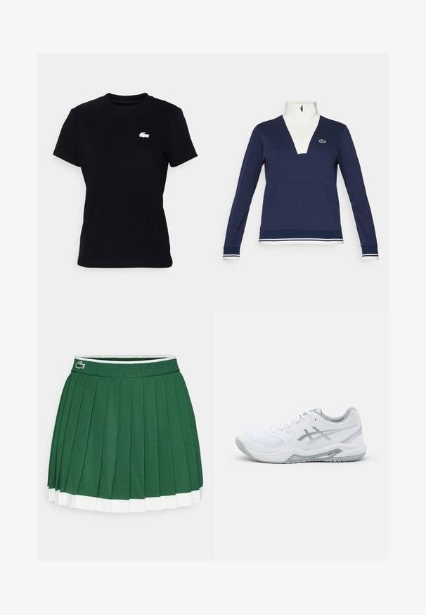 Marineblå half-zip pullover laget av teksturert stoff, med hvit krage og mansjetter, kengurulomme og grønt Lacoste-logo.; Svart bomull T-skjorte med korte ermer og rund hals, med en liten hvit Lacoste-logo plassert på venstre bryst.; Grønn plisserte skjørt med en teksturert midjebånd. Har hvite detaljer i nederkant og en liten merke-logo på midjebåndet.; Hvit treningsko i nett- og syntetiske materialer, med grå detaljer og snøring, teksturert såle, buet design og logo-detalle.
