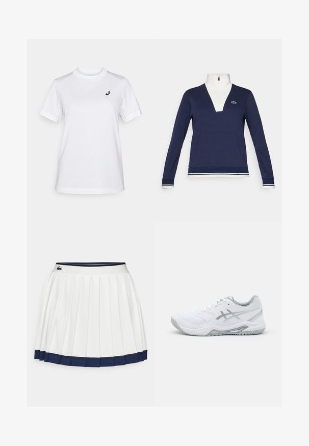 Marineblå half-zip pullover laget av teksturert stoff, med hvit krage og mansjetter, kengurulomme og grønt Lacoste-logo.; ASICS COURT TOP - T-skjorte til trening - brilliant white; Hvit table裙 med en marineblå midjebånd ogkant. Har mykt stoff med horisontale striper på midjebåndet, designet for komfort.; Hvit treningsko i nett- og syntetiske materialer, med grå detaljer og snøring, teksturert såle, buet design og logo-detalle.