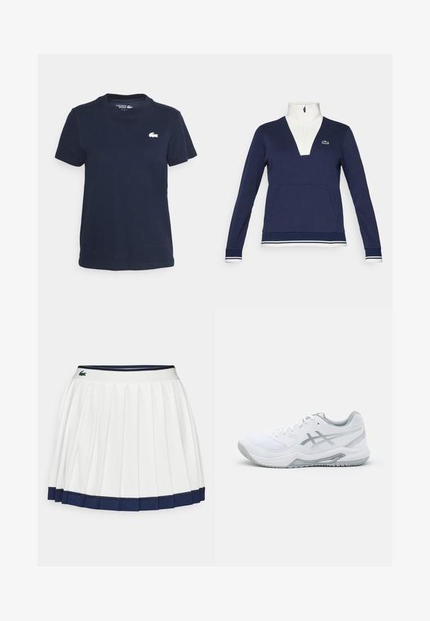 Pullover azul marinho com meia zip, feito de tecido texturizado, apresentando um colarinho e punhos brancos, bolso canguru e um logotipo verde da Lacoste.; T-shirt de algodão azul marinho com decote redondo e mangas curtas. Apresenta um pequeno logo branco da Lacoste no lado esquerdo do peito. Textura suave.; Saia plissada branca com bainha e cintura azul-marinho, apresentando um material texturizado e um pequeno logótipo verde na cintura.; Shoe desportivo branco com materiais de malha e sintéticos, apresenta detalhes e atacadores cinzas, sola texturizada, design curvado e detalhe do logotipo.