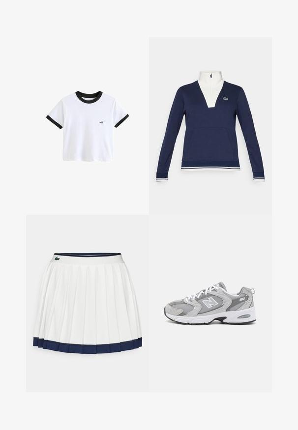 Marineblå halvzip trøje lavet af struktureret stof, med en hvid krave og manchetter, kænguru-lomme og et grønt Lacoste-logo.; Hvid t-shirt med korte ærmer og en sort ribbet krave samt manchetter. Har et lille trykt tekstlogo "self." på forsiden.; Hvid plisseret nederdel med en marineblå talje og kant. Den har blødt stof med vandrette striber på taljen, designet til komfort.; Grå sportssko med en overdel i mesh og ruskind, hvide snørebånd og en sort ydersål. Har et fremtrædende "N"-logo og polstret krave.
