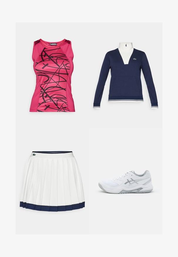 Tumesinine poolkrae pullover tekstureeritud kangast, valge krae ja mansetidega, tasku ees ning rohelise Lacoste logoga.; Kohandatud roosa sportlik tank top, millel on must abstraktne disain, sile tekstuur ja kontrastsed õlavarre aksessuaarid.; Valge plisseeritud seelik, millel on tumesinine vöökoht ja ääreosa. Omab pehmet kangast horisontaalsete triipudega vöökoht, mis on loodud mugavuseks.; Valge spordijalats, mis on valmistatud võrkpinna ja sünteetiliste materjalide kombinatsioonist, hallide aktsentide ja paeltega, tekstureeritud tallaga, kaarjate joontega ning logode detailiga.