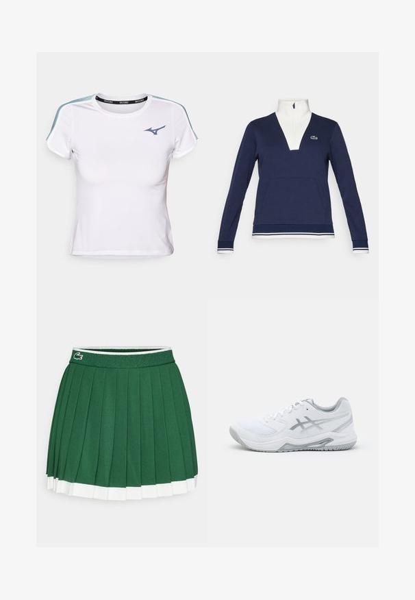 Tumesinine poolkrae pullover tekstureeritud kangast, valge krae ja mansetidega, tasku ees ning rohelise Lacoste logoga.; Valge sportlik T-särk, sobiva disainiga, lühikeste varrukatega, kontrastsete siniste õlavarre aksessuaaridega ja musta riba, millel on brändi nimi.; Roheline volditud seelik tekstureeritud vöökohtiga. Omab valgeid detaile servas ja väikest brändi logo vöökohal.; Valge spordijalats, mis on valmistatud võrkpinna ja sünteetiliste materjalide kombinatsioonist, hallide aktsentide ja paeltega, tekstureeritud tallaga, kaarjate joontega ning logode detailiga.