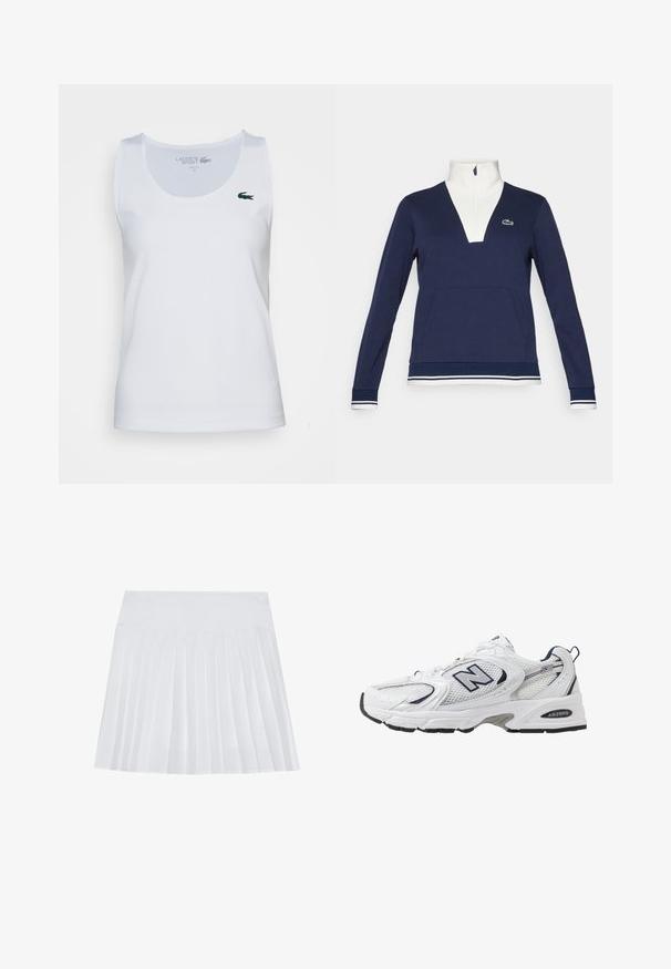 Mornarji polovični zadrga pulover iz teksturirane tkanine, z belim ovratnikom in manšetami, kenguru žepom ter zelenim logotipom Lacoste.; Bela brezrokavna majica, z ribasto teksturo, ima ozek kroj. Vključuje majhen zeleni logo Lacoste na levi strani prsnega dela.; Bela plisirana krila z gladkim pasom. Narejena iz lahkotnega, teksturiranega materiala. Ima navpične, enakomerne plise po celotni dolžini.; Bele športne copate z mrežasto zgornjimi deli, mornarskimi naglasnimi barvami in oblazinjeno podplatom. Vključujejo logotip "N", vezalke in teksturirane detajle na strani.