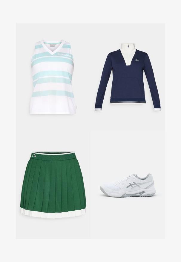 Pullover azul marinho com meia zip, feito de tecido texturizado, apresentando um colarinho e punhos brancos, bolso canguru e um logotipo verde da Lacoste.; Top atlético sem mangas em branco com riscas azul claro. O design em V tem uma textura respirável e inclui o logótipo "HEAD" na parte da frente.; Saia plissada verde com uma faixa texturizada na cintura. Apresenta detalhes brancos na barra e um pequeno logótipo da marca na cintura.; Shoe desportivo branco com materiais de malha e sintéticos, apresenta detalhes e atacadores cinzas, sola texturizada, design curvado e detalhe do logotipo.