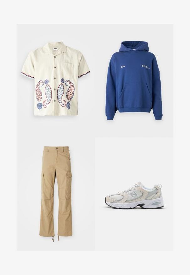 Sweatshirt azul-marinho em algodão macio, com um bolso frontal, punhos canelados e logótipos bordados no peito. Ajuste casual, oversized.; Camisa de manga curta, beige claro, feita de algodão, com bordado paisley em azul e vermelho. Apresenta um bolso no peito e fecho com botão.; Calças cargo em caqui, feitas de tecido durável, com múltiplos bolsos laterais, um design de perna reta e cordões ajustáveis na bainha.; Sapatilha desportiva com cabedal em malha cinza claro e pormenores em camurça, atacadores brancos e sola de borracha preta. Detalhe notável de amortecimento ABZORB.