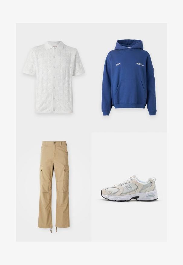 Tamno plavi dukserica od mekog pamuka, s prednim džepom, rebrastim manžetama i izvezenim logotipima na grudima. Opusten, oversized kroj.; Bijela kratkosadna košlja s teksturiranim uzorkom mreže i malim perforacijama, s ovratnikom i pet dugmadi sprijeda.; Kaki cargo hlače izrađene od izdržljive tkanine, s više bočnih džepova, ravnim krojem i podesivim vezicama na rubu.; Atletska obuća s gornjim dijelom od svijetlosivog mrežastog materijala s nijansama antilopa, bijelim vezicama i crnom gumenom potplatom. Značajna ABZORB amortizacija.