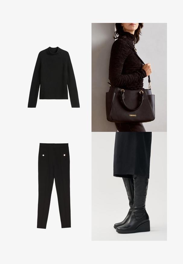 Black knitted sweater with a high neck, ribbed texture, and long sleeves. Features raglan seam design for added style.; Black tailored pants with a smooth texture, featuring two front pockets with decorative hardware accents, and a slim-fit design.; Black leather knee-high boots with a wedge heel, featuring a smooth texture and a side zipper. Designed with a sleek, fitted silhouette.; Black handbag with textured surface, dual top handles, and adjustable shoulder strap. Features gold-tone hardware and side pockets.