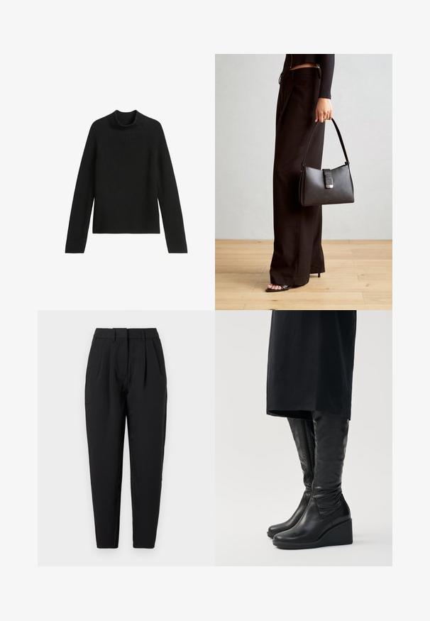 Czarny sweter z dzianiny z wysokim kołnierzem, prążkowaną teksturą i długimi rękawami. Posiada konstrukcję z szwami raglanowymi, co dodaje mu stylu.; Czarne spodnie o prostym kroju, z plisami z przodu, gładką fakturą i kieszeniami bocznymi. Pas jest standardowej wysokości.; Czarne skórzane kozaki za kolano na koturnie, z gładką fakturą i bocznym zamkiem błyskawicznym. Zaprojektowane z elegancką, dopasowaną sylwetką.; Czarna torebka o usztywnionym kształcie, gładkiej fakturze i metalowym zapięciem. Połączona z szerokimi czarnymi spodniami i sandałami na otwartym palcu na drewnianej podłodze.