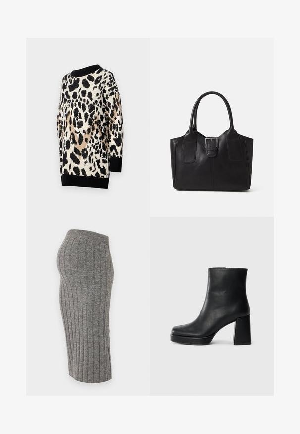 Pulover cu imprimeu leopard în tonuri neutre de negru, bej și crem. Are un guler rotund și manșete și tiv rib bordate în negru.; Fustă tricotată gri cu nervuri, până la glezne, cu un tiv ajustat. Materialul are o textură moale și prezintă dungi verticale.; Botină din piele neagră, cu toc pătrat și talpă platformă, văzută din lateral pe un fundal alb simplu.; Geantă tote din piele neagră cu textură netedă, formă structurată, două mânere și un detaliu proeminent din aliaj de argint pe partea din față.
