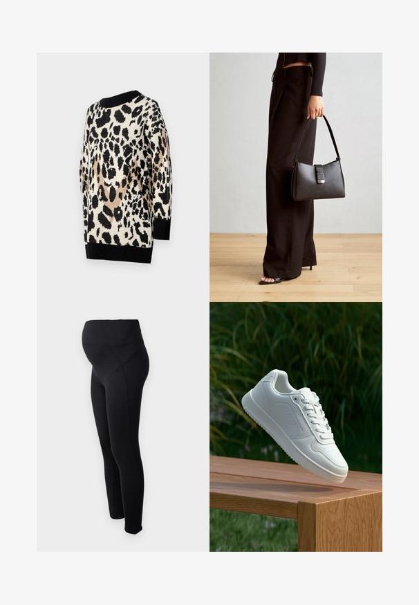 Sweter w panterkę w neutralnych odcieniach czerni, beżu i kremu. Ma okrągły dekolt oraz prążkowane czarne mankiety i dół.; Czarne legginsy ciążowe z wysokim stanem, wykonane z elastycznego materiału. Charakteryzują się gładką fakturą i dopasowanym krojem dla wygody.; Biały sneaker z gładką syntetyczną cholewą, perforowanym noskiem, płaskimi sznurowadłami i teksturowaną podeszwą, wyeksponowany na drewnianej powierzchni.; Czarna torebka o usztywnionym kształcie, gładkiej fakturze i metalowym zapięciem. Połączona z szerokimi czarnymi spodniami i sandałami na otwartym palcu na drewnianej podłodze.