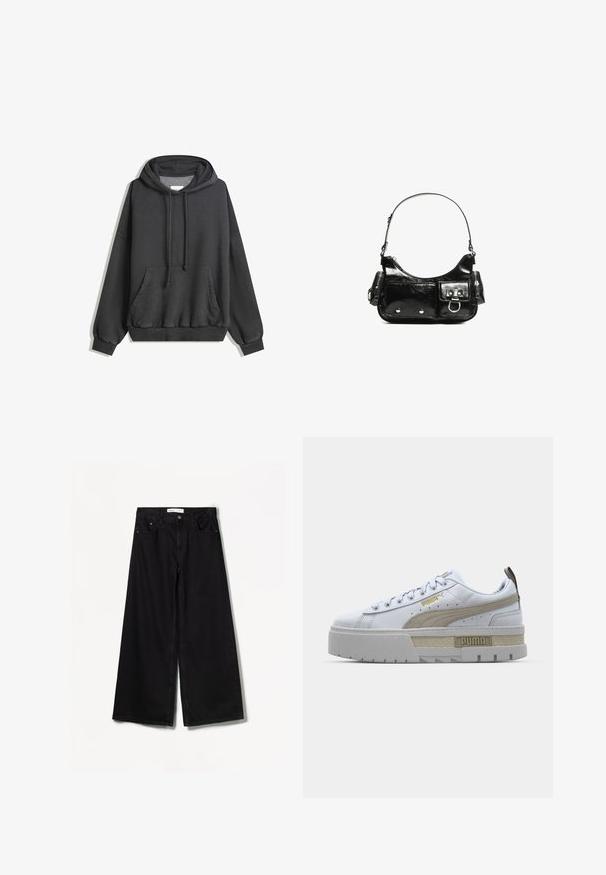 Ciemnoszara bluza z kapturem z miękkiego materiału, z kieszenią kangurką, regulowanym kapturem oraz ściągaczami przy mankietach i na dole.; Bershka WIDE czarny; Białe sneakersy z wyraźnym beżowym paskiem, grubą szaro-skalną podeszwą i złotymi akcentami. Charakteryzują się okrągłymi sznurowadłami i teksturowanym zapiętkiem z logo.; Czarna torebka z lakierowanej skóry o zaokrąglonym kształcie, z jednym paskiem na ramię, przednimi kieszeniami i akcentami w kolorze srebrnym.
