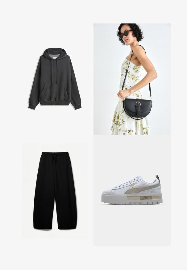 Dark gray hoodie made of soft fabric features a kangaroo pocket, adjustable drawstring hood, and ribbed cuffs and hem.; Black wide-leg pants with an elastic waistband and drawstring. Soft fabric with a smooth texture. Straight cut with side seams.; White sneaker with prominent beige stripe, thick gray sole, and gold accents. Features round laces and a textured tongue tab with branding.; Black leather handbag with a curved shape, detachable strap, and gold hardware. The bag features a flap with a buckle detail.