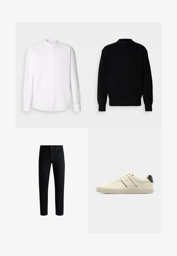 Mustat ribbed-neulepaita, jossa on korkea kaulus, pitkät hihat ja rento istuvuus. Kangas esittää tekstuurista kuviota koko pinnan alueella.; Valkoinen pitkähihaisia paita, jossa on pystykaulus, napillinen etuosa, tekstuurinen kangas ja klassinen malli. Ei näkyviä kuvioita tai yksityiskohtia.; Musta kapea slim-fit farkut viidellä taskulla, napitettava sulkeminen ja vyölenkit, esitelty valkoista taustaa vasten.; Kermanväriset tennarit, joissa on sileä pinta, mustilla yksityiskohdilla ja brändäyksellä. Klassinen nauhoilla suljettava malli, pyöreä kärki ja kumipohja.