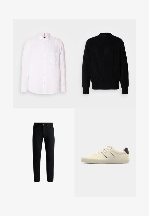 Juodas raštuotas megztinis su aukšta apykakle, ilgomis rankovėmis ir laisvu siluetu. Audinys demonstruoja tekstūruotą raštą visame paviršiuje.; Balta lininė marškiniai su kišene priekyje, smailiu apykakle ir ilgomis rankovėmis. Turi subtilią tekstūrą, siaurą siluetą ir tiesų apatinį kraštą.; Juodos slim fit džinsinės kelnės su penkiomis kišenėmis, mygtukų uždarymu ir diržo kilpomis, parodytos prieš baltą foną.; Kreminių spalvų sportbačiai su lygiu paviršiumi, turintys juodus akcentus ir ženklinimą. Klasikinis raištelių užsegimas su apvaliu pirštu ir guminiu padu.