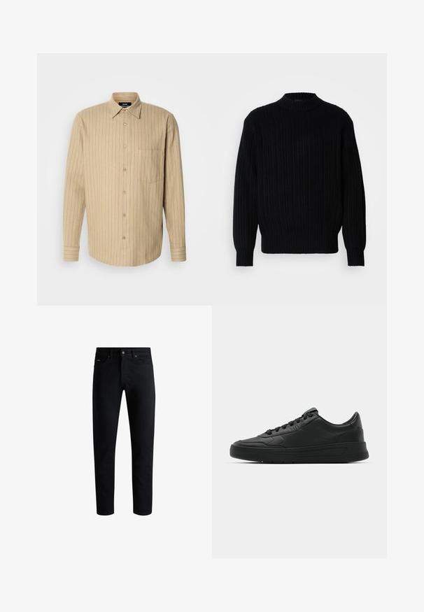 Czarny sweter z prążkowanej dzianiny z wysokim kołnierzem, długimi rękawami i luźnym krojem. Materiał ma strukturalny wzór na całej powierzchni.; Beżowa koszula na guziki z pionowymi niebieskimi paskami, z długimi rękawami, jedną kieszonką na piersi i klasycznym kołnierzykiem. Miękka faktura materiału.; Czarne jeansy slim fit z pięcioma kieszeniami, zapięciem na guzik i pętelkami na pasek, wyeksponowane na białym tle.; Czarny sneakers z gładkiej skórzanej cholewce, okrągłym nosku, płaskimi sznurówkami, wyściółką kołnierza i minimalistycznym designie. Gumowa podeszwa z delikatnym wzorem bieżnika.
