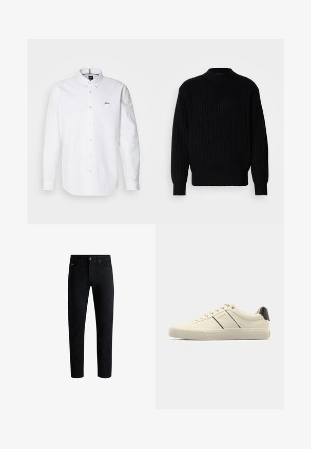 Maglione nero a coste con collo alto, maniche lunghe e una vestibilità comoda. Il tessuto presenta un motivo testurizzato su tutta la superficie.; Camicia bianca a maniche lunghe con colletto alla francese, dotata di un piccolo logo "BOSS" blu sul petto e bottoni in madreperla. Tessuto morbido e testurizzato.; Jeans neri slim fit con cinque tasche, chiusura a bottoni e passanti per cintura, esposti su uno sfondo bianco.; Sneaker color crema con una texture liscia, caratterizzate da accenti e marchi neri. Design classico con lacci, punta rotonda e suola in gomma.