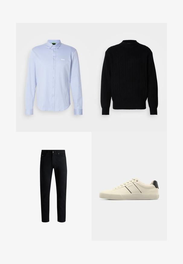 Maglione nero a coste con collo alto, maniche lunghe e una vestibilità comoda. Il tessuto presenta un motivo testurizzato su tutta la superficie.; Camicia a maniche lunghe azzurro chiaro con colletto a punta, logo bianco sul petto e tessuto testurizzato. Vestibilità standard e orlo curvo.; Jeans neri slim fit con cinque tasche, chiusura a bottoni e passanti per cintura, esposti su uno sfondo bianco.; Sneaker color crema con una texture liscia, caratterizzate da accenti e marchi neri. Design classico con lacci, punta rotonda e suola in gomma.