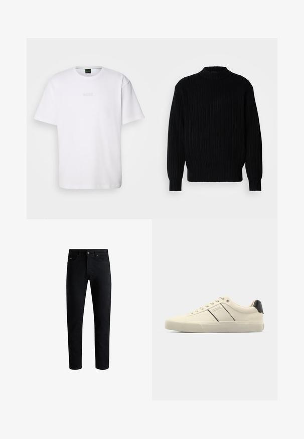 Melnā ribots ķemmēta dūkdoma ar augstu apkakli, garām piedurknēm un brīvu piegriezumu. Audums parāda teksturētu rakstu visā virsmā.; Balta kokvilnas T-kreklu ar īsām piedurknēm, apaļu kakla izgriezumu un izsistām "BOSS" logo uz krūtīm. Gluda tekstūra, standarta piegriezums.; Melnas šauras piegriezuma džinsi ar piecām kabatām, pogu aizdari un jostu cilpām, attēloti uz baltas fona.; Krēmkrāsas sporta apavi ar gludu tekstūru, ar melniem akcentiem un zīmolu. Klasisks aukliņu dizains ar apaļu purngalu un gumijas zoli.