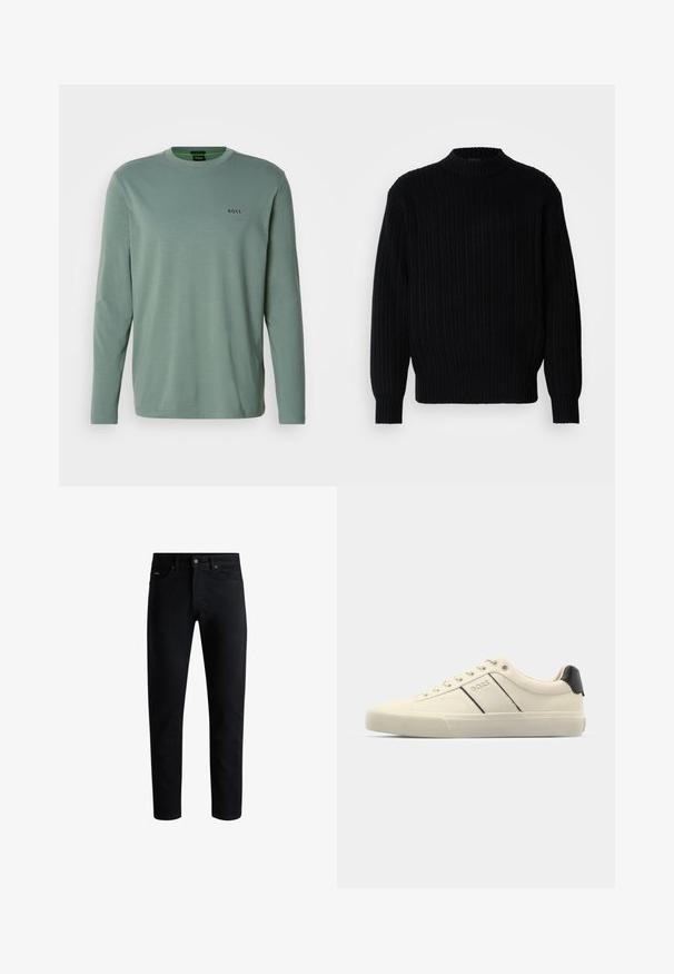 Schwarzer gerippter Strickpullover mit hohem Kragen, langen Ärmeln und lockerer Passform. Der Stoff zeigt ein strukturiertes Muster über die gesamte Oberfläche.; Helles grünes Langarm-T-Shirt aus weichem Stoff. Verfügt über einen Rundhalsausschnitt und ein kleines, auf der Brust gesticktes "BOSS"-Logo.; Schwarze Slim-Fit-Jeans mit fünf Taschen, Knopfverschluss und Gürtelschlaufen, vor einem weißen Hintergrund präsentiert.; Cremfarbene Sneaker mit glatter Oberfläche, die schwarze Akzente und Markenlogo aufweisen. Klassisches Schnürdesign mit runder Zehenform und Gummisohle.