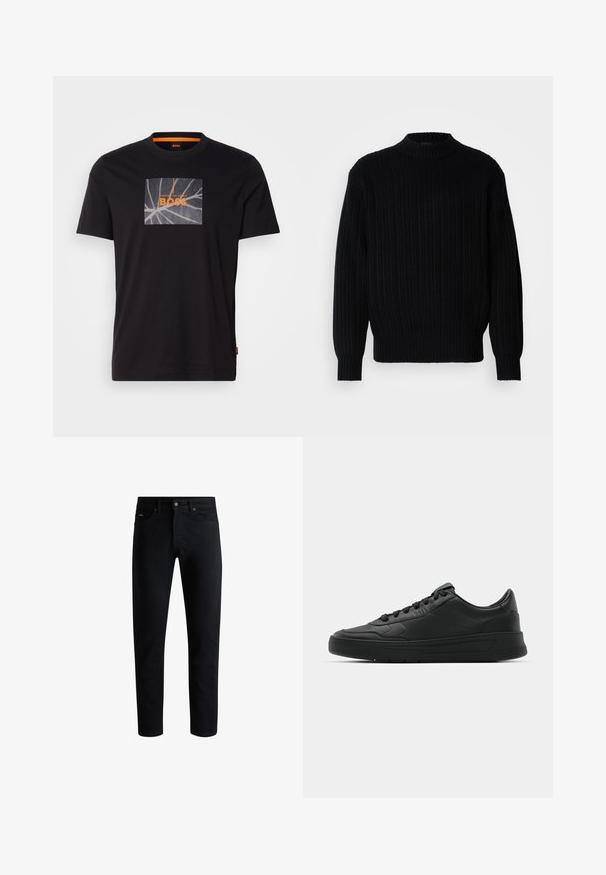 Pulover negru din tricot cu model ribbed, cu guler înalt, mâneci lungi și o croială lejeră. Țesătura prezintă un model texturat pe întreaga suprafață.; Tricou din bumbac negru cu un grafic pătrat ce conține un design cu o frunză și textul "BOSS" în portocaliu. Gât rotund, mâneci scurte, croială simplă.; Jeans negri slim-fit cu cinci buzunare, închidere cu nasture și bucle pentru curea, expuși pe un fundal alb.; Nike sport cu partea superioară din piele netedă, vârf rotund, sireturi plate, guler căptușit și design minimalist. Talpă din cauciuc cu un model discret de profil.