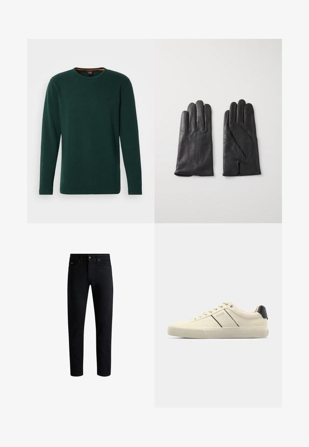 Black ribbed knit sweater with a high collar, long sleeves, and a relaxed fit. Fabric shows a textured pattern throughout the surface.; Long-sleeve green thermal shirt made of textured fabric with a crew neck and an embossed logo on the left chest. Accented with an orange inner collar.; Black denim jeans featuring a straight fit, five-pocket design, metal button closure, and subtle stitching along the seams.; Cream-colored sneakers with a smooth texture, featuring black accents and branding. Classic lace-up design with a round toe and rubber sole.; Black leather gloves with five fingers, featuring decorative stitching. The interior has a soft lining and an open index finger design.