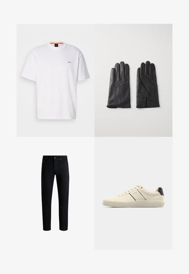 Suéter negro de punto acanalado con cuello alto, mangas largas y un corte holgado. La tela presenta un patrón texturizado en toda su superficie.; Camiseta blanca de algodón con mangas cortas, cuello redondo y un logo "BOSS" en color azul claro en el lado izquierdo del pecho.; Vaqueros ajustados negros con cinco bolsillos, cierre de botón y trabillas para cinturón, exhibidos sobre un fondo blanco.; Zapatillas de color crema con una textura suave, que presentan acentos y marcas en negro. Diseño clásico de cordones con punta redonda y suela de goma.; Guantes de cuero negro con cinco dedos, que presentan costuras decorativas. El interior cuenta con un forro suave y un diseño de dedo índice abierto.