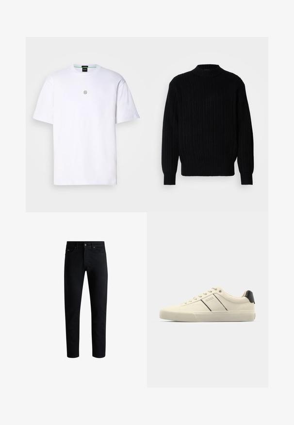 Maglione nero a coste con collo alto, maniche lunghe e una vestibilità comoda. Il tessuto presenta un motivo testurizzato su tutta la superficie.; T-shirt bianco in cotone con maniche corte, caratterizzato da un piccolo logo grigio sul petto, colletto rotondo e una texture morbida e liscia.; Jeans neri slim fit con cinque tasche, chiusura a bottoni e passanti per cintura, esposti su uno sfondo bianco.; Sneaker color crema con una texture liscia, caratterizzate da accenti e marchi neri. Design classico con lacci, punta rotonda e suola in gomma.
