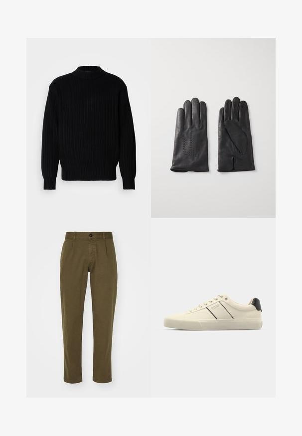 Črni rebrasti pleteni pulover z visokim ovratnikom, dolgimi rokavi in sproščenim krojem. Tkanina prikazuje teksturiran vzorec po celotni površini.; Olivno zelene bombažne hlače s ravnim krojem, z sprednjim zapiranjem na gumb, zankami za pas in stranskimi žepi. Gladka tekstura.; Kremni teniski čevlji z gladko teksturo, ki imajo črne poudarke in blagovno znamko. Klasična zasnova z vezalkami, okrogla konica in gumijast podplat.; Črne usnjene rokavice s petimi prsti, ki vsebujejo dekorativno šivanje. Notranjost ima mehak podložek in odprt dizajn kazalca.