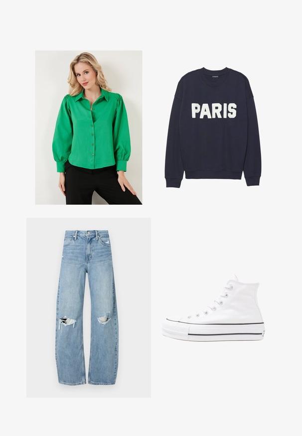 Marineblauwe sweatshirt met ribgebreide manchetten en halslijn, met witte fleece letters die "PARIJS" op de voorkant lezen.; Groene button-up blouse met pofmouwen, gemaakt van een gladde stof. Kenmerken zijn een kraag en gevoerde knopen aan de voorkant. Gekozen in combinatie met zwarte onderkleding.; Lichtblauwe, hooggeritste jeans van denim. Beschikken over wijde pijpen, twee gescheurde knievalken en klassieke vijfzakken styling.; Witte high-top canvas sneakers met een zwarte rubberen zool, een rubberen neuskap aan de voorkant en zes gaatjes voor veters, met een schone, minimalistische uitstraling.
